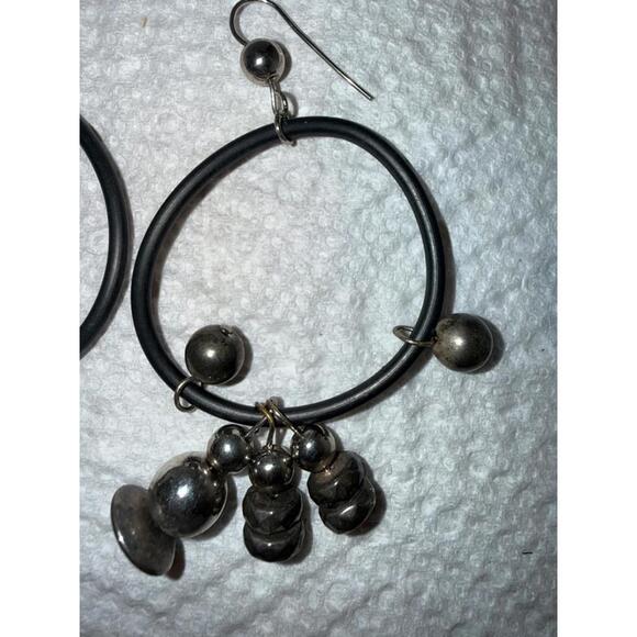 Black Hoop Dangle Earrings Hematite Look Bead Charm Statement Earrings - Picture 2 of 5